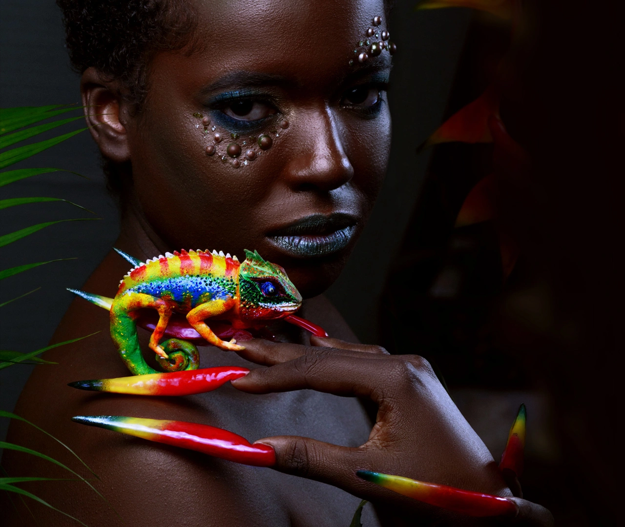 Fantasy nail art with a colourful chameleon by Dinupa Jayasooriya
