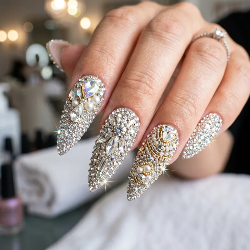 High-fashion crystal and couture embellished luxury nail art
